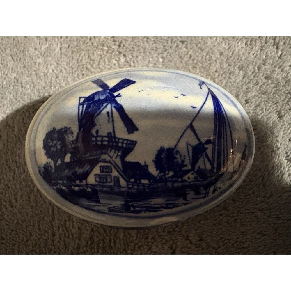 Vintage Delft Blue Nautical Windmill Trinket Jewelry Box Ceramic Holland W Chip